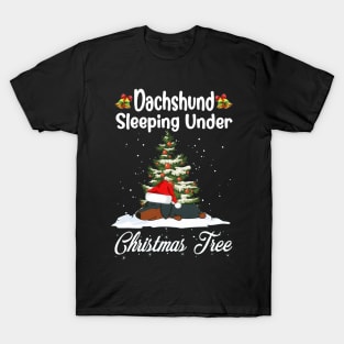 Dachshund Sleeping Under Christmas Tree Funny Xmas T-Shirt